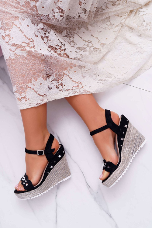 Sandały Damskie Na Koturnie Z Dżetami Ćwiekami Czarne Alenni