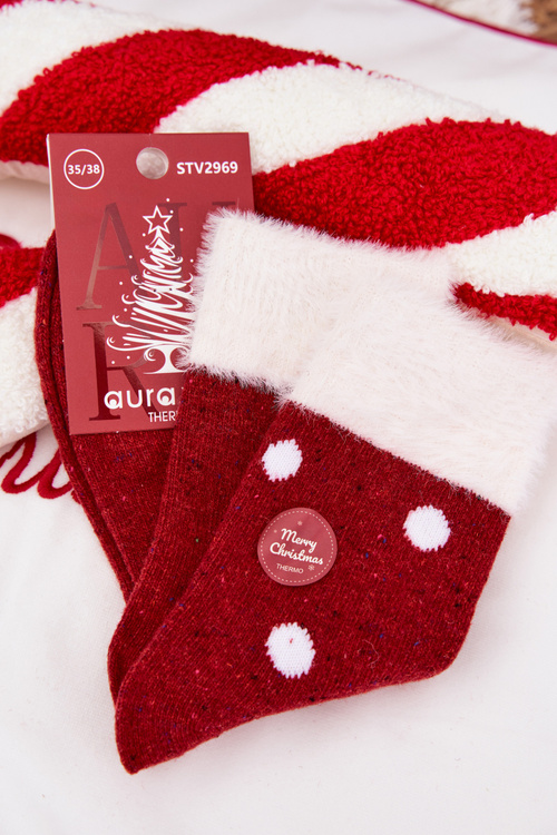 Skarpetki Damskie Świąteczne Z Futerkiem I Kropkami Wełna Alpaka Czerwone