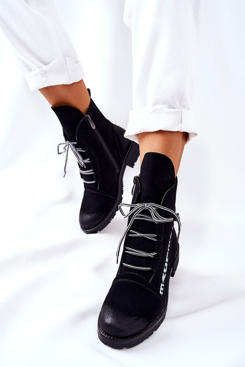 Skórzane Botki Z Ozdobnym Suwakiem Czarne Lomissa