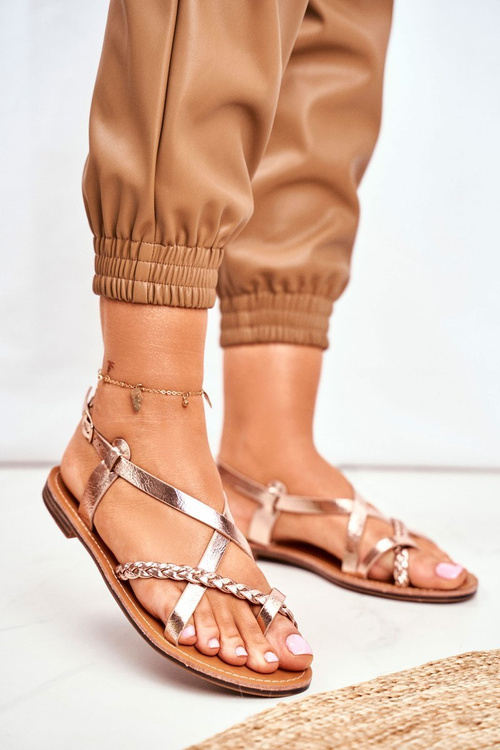 Damskie Płaskie Sandałki Rzemyk Różowe Złoto Laurence