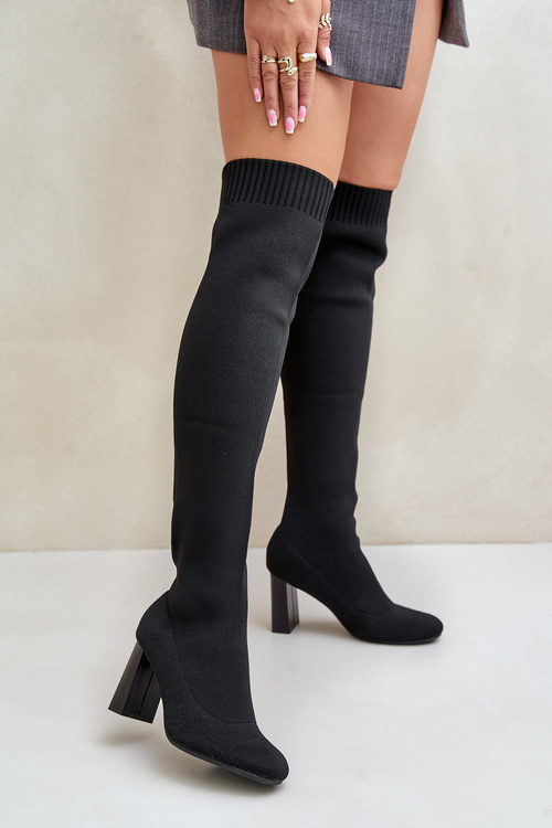 Kozaki Ze Skarpetkową Cholewką Za Kolano Na Słupku Czarne Esanira