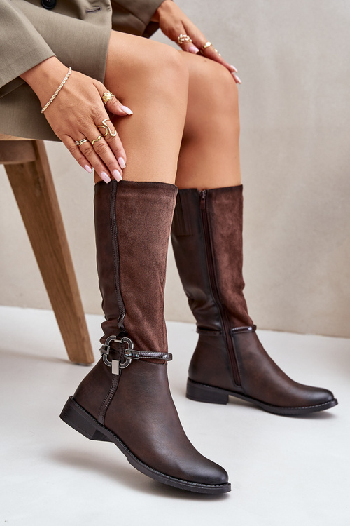 Ocieplane Kozaki Na Płaskim Obcasie Z Ozdobną Klamrą Brązowe Leatharia