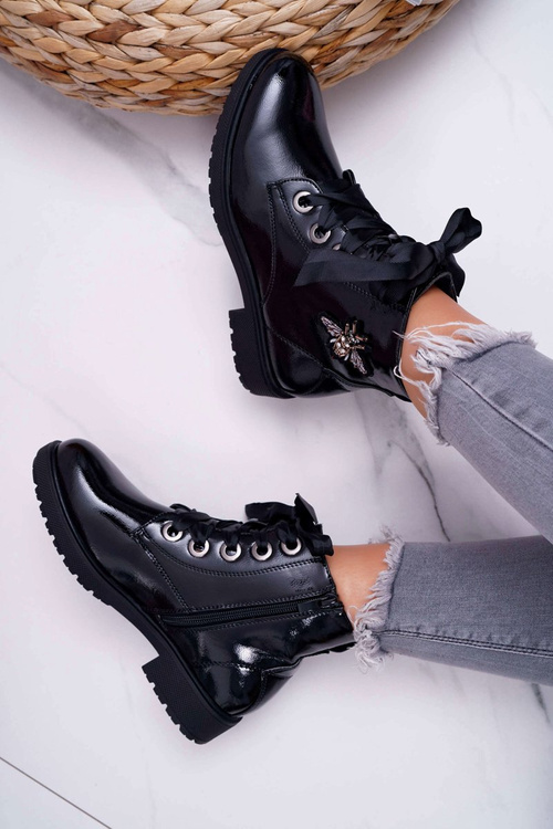 Botki Damskie Płaski Obcas Glany Lakierowane Czarne Sergio Leone BT530