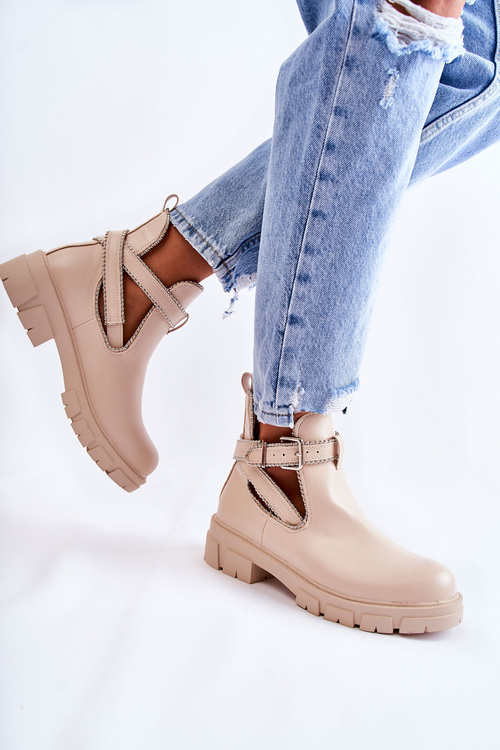 Damskie Skórzane Botki Z Ćwiekami Beżowe Clares