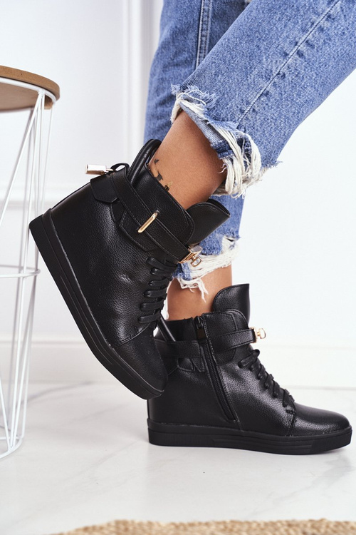 Sneakersy Damskie Na Koturnie Złota Kłódka Całe Czarne Tersey