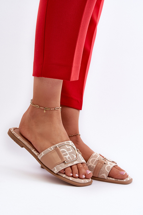 Błyszczące Klapki Damskie Z Ozdobą Beżowe Taleci