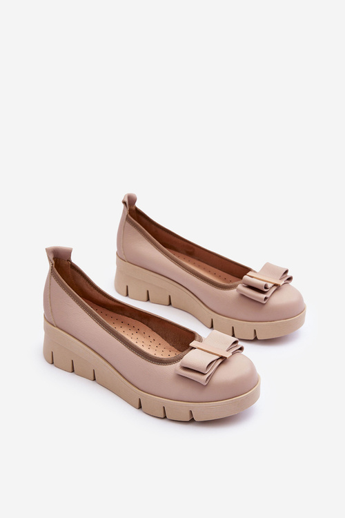 Baleriny Skórzane Na Platformie Z Ozdobą Beżowe Lewski 3384