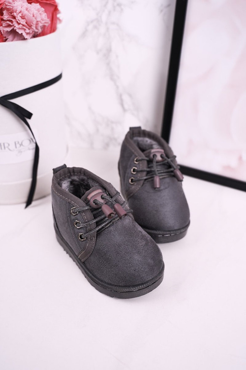 Dziecięce Sznurowane Śniegowce Ocieplone Futerkiem Szare Hunter