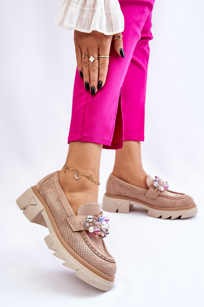 Damskie Półbuty Mokasyny Z Ozdobami Beżowe Issac