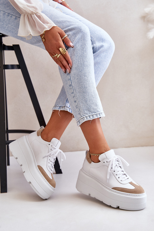 Skórzane Sneakersy Na Masywnej Platformie Lewski 3635/X Biało-Beżowe