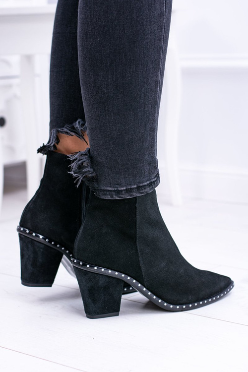 Botki Damskie Skórzane W Szpic Z Suwakiem Czarne Sonoma