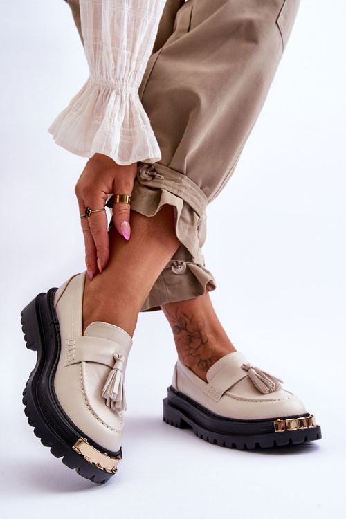 Klasyczne Półbuty Mokasyny Z Frędzlami Beżowe Lonisa