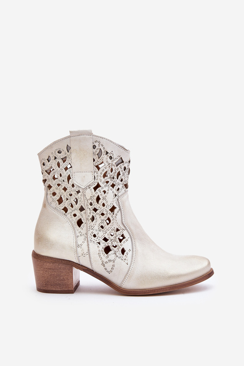 Damskie Botki Na Obcasie Z Ażurowym Wzorem Lewski 3394/2 Złote Przecierane