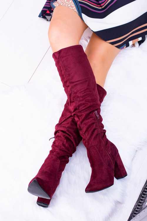 Kozaki Damskie Na Obcasie W Szpic Zamszowe Bordowe Nightcall