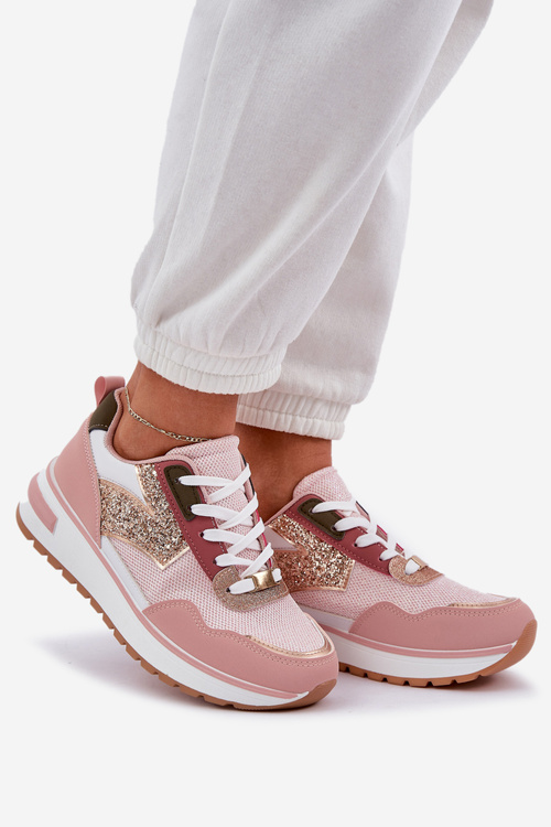 Błyszczące Buty Sportowe Damskie Różowe Leesema