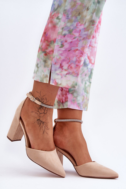 Zamszowe Czółenka Z Cyrkoniami Beżowe Diamond