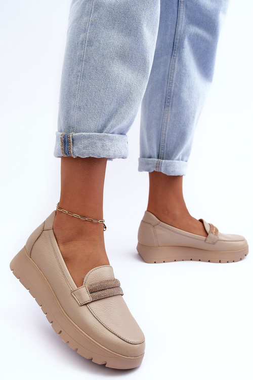 Skórzane Półbuty Na Platformie Z Ozdobą Jasnobeżowe Lemar Lehira