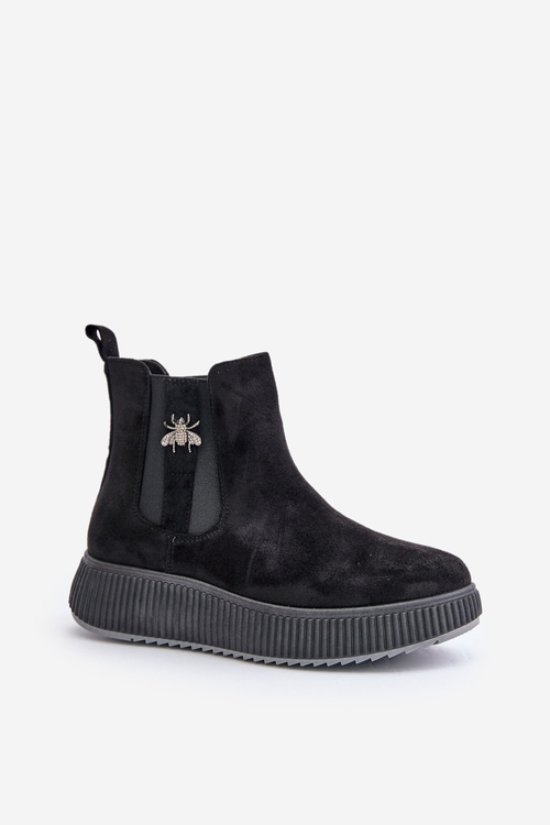 Wsuwane Botki Damskie Na Platformie Z Przypinką Eko Zamszowe Czarne Ciatheia