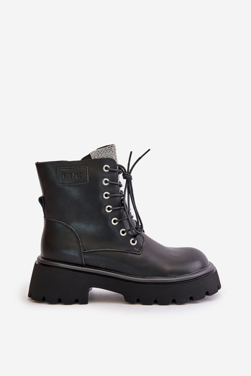 Ocieplane Skórzane Botki Workery Damskie Z Cyrkoniami GOE OO2N4125 Czarne