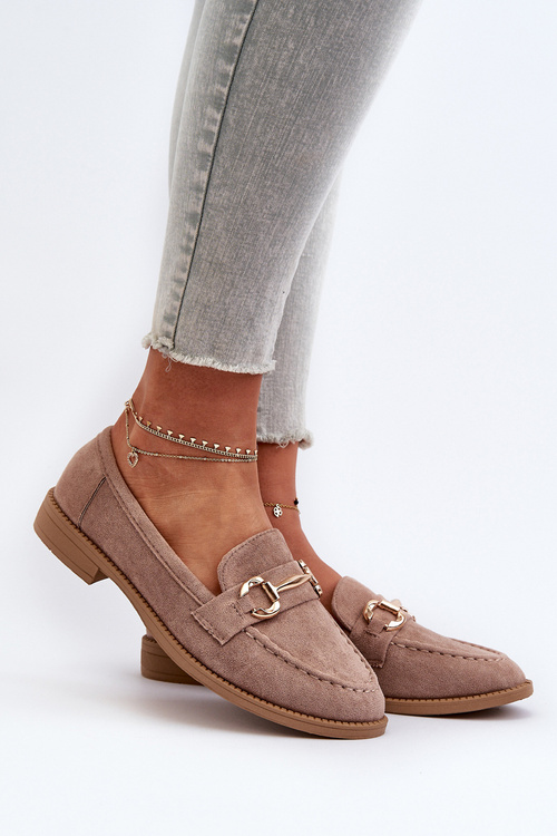 Mokasyny Damskie Na Płaskim Obcasie Z Ozdobą Ciemnobeżowe Aviole