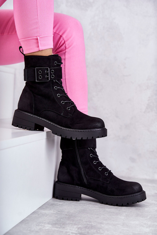 Damskie Botki Zamszowe Sznurowane Na Płaskim Obcasie Czarne Firmina