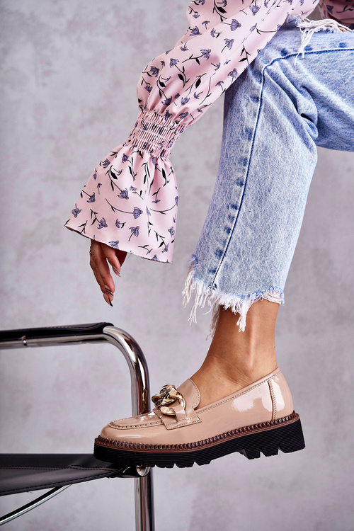 Lakierowane Półbuty Loafery Na Platformie Beżowe Reidun