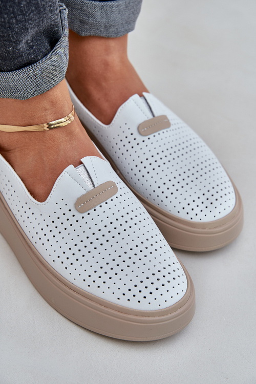 Lekkie Ażurowe Skórzane Mokasyny Półbuty Damskie Na Platformie I Koturnie Białe Hanthiel