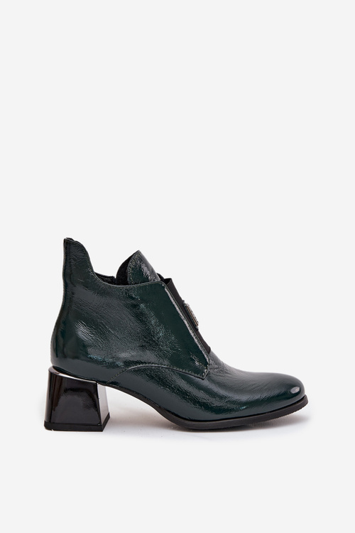 Skórzane Lakierowane Botki Na Klocku Z Ozdobnym Detalem Ocieplane Zazoo 60560 Ciemnozielone