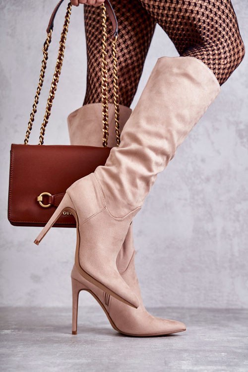 Klasyczne Zamszowe Kozaki Na Szpilce Beżowe Ameya