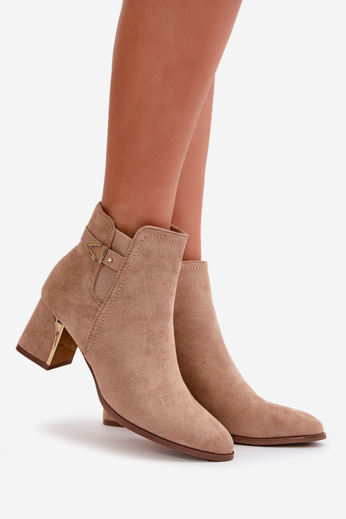 Botki Damskie Na Słupku Zapinane Na Zamek Eko Zamszowe Ciemnobeżowe Bonucci