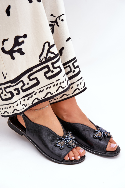 Połyskujące Sandały Damskie Z Ozdobą Płaskie Czarne Russona