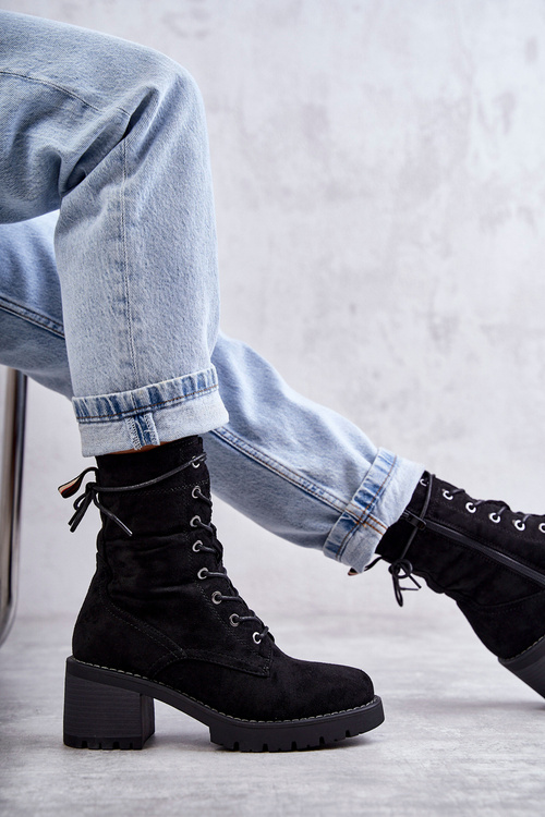 Damskie Ocieplane Botki Trapery Na Obcasie Czarne Julieta