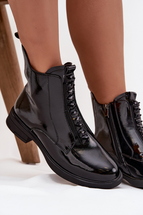 Lakierowane Botki Damskie Z Naturalnej Skóry D&A MR52-108 Czarne