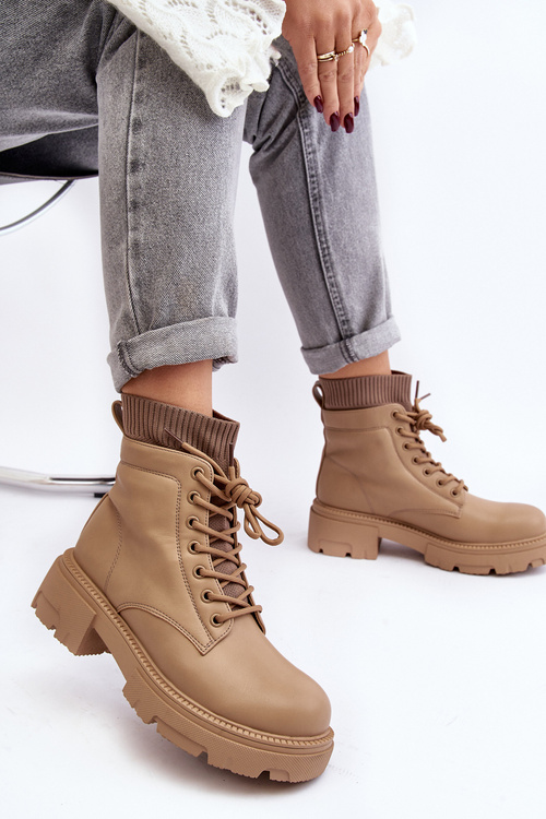 Trapery Botki Damskie Ze Skarpetą Beżowe Rivella