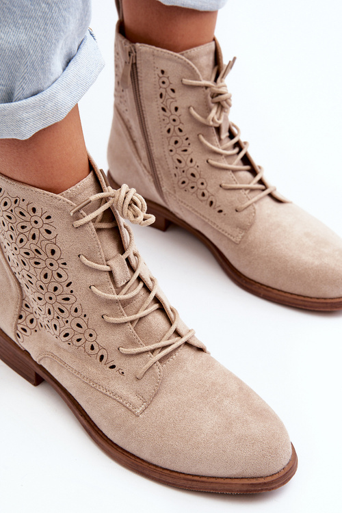 S.Barski HY66-136 Damskie Botki Ze Wzorem Jasnobeżowe