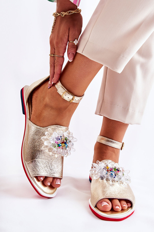 Damskie Skórzane Sandałki Z Ozdobą Złote Nevassa