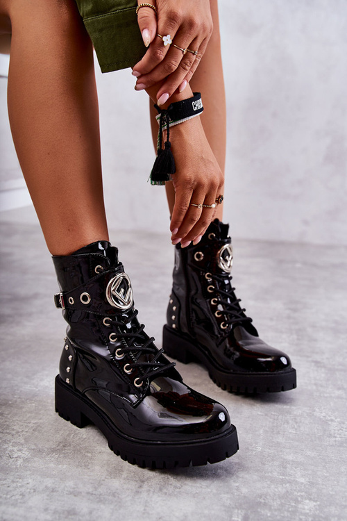 Lakierowane Damskie Botki Z Ćwiekami Czarne Leticia