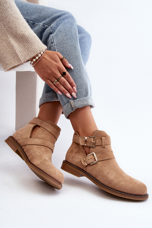 Damskie Botki Na Płaskim Obcasie Z Paskami Beżowe Melviana