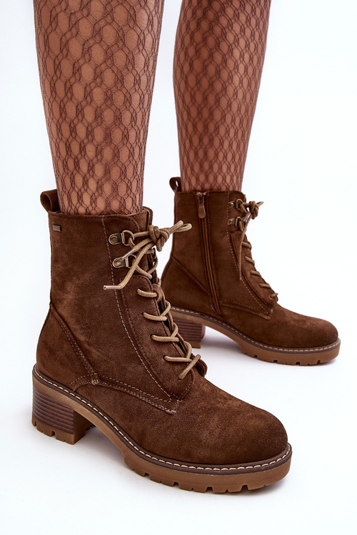 Damskie Botki Na Niskim Obcasie Sznurowane Brązowe Adinail