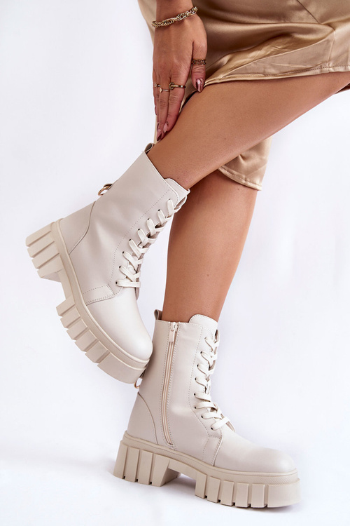 Skórzane Ocieplane Botki Na Platformie Jasnobeżowe Telisa