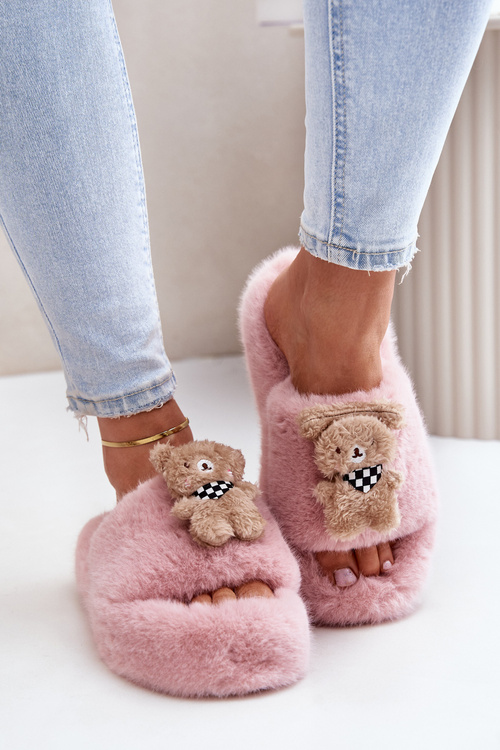 Futrzane Kapcie Damskie Z Misiem Różowe Romania