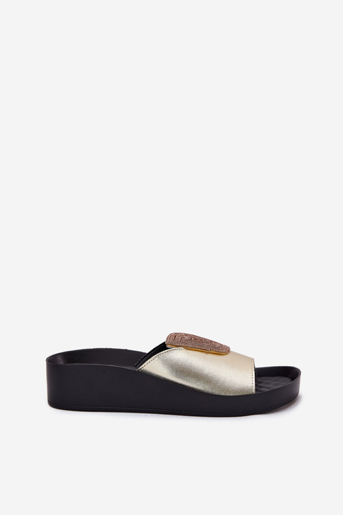 Skórzane Damskie Klapki Z Ozdobą KV51-028 Złote