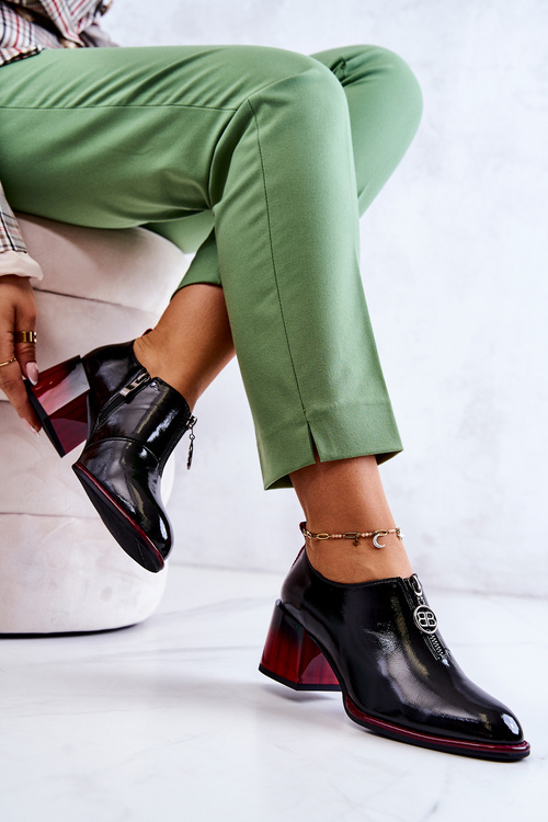 Lakierowane Modne Półbuty Na Słupku Czarno-Czerwone Lorena