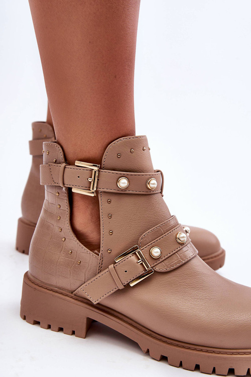 Damskie Botki Trapery Z Perełkami Beżowe Klarisa