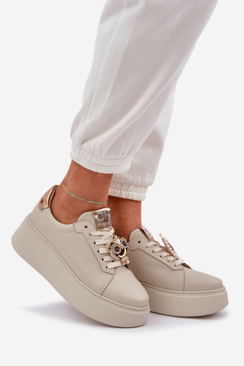 Damskie Skórzane Sneakersy CheBello 4411 Jasnobeżowe