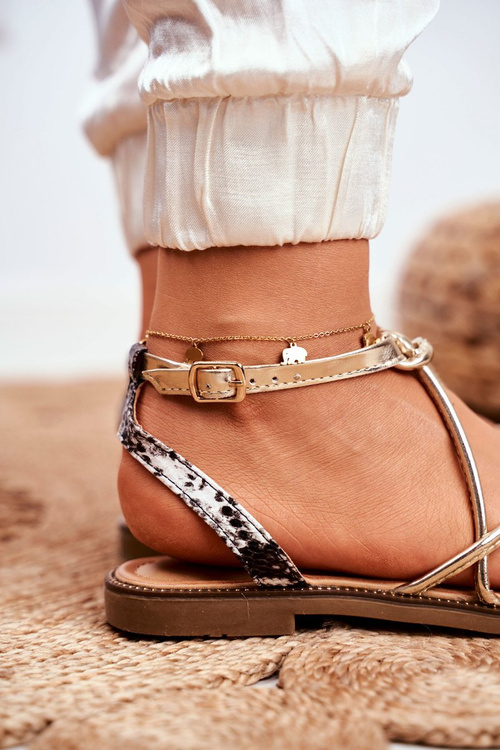 Skórzane Płaskie Sandały S.Barski LJ281 Czarno-Złote