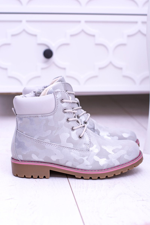 Dziecięce Młodzieżowe Ocieplane Szare Botki Traperki MoroStyle