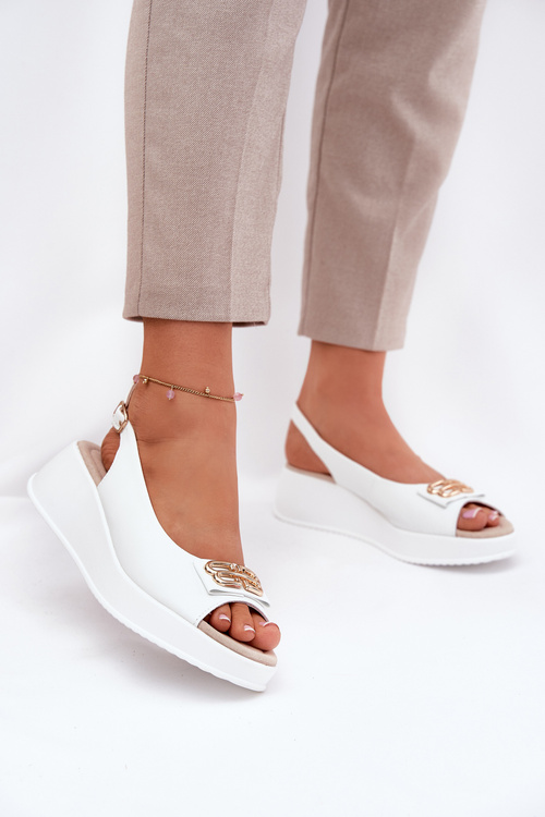 Skórzane Sandały Damskie Na Koturnie Z Ozdobnym Detalem S.Barski LR51-593 Białe