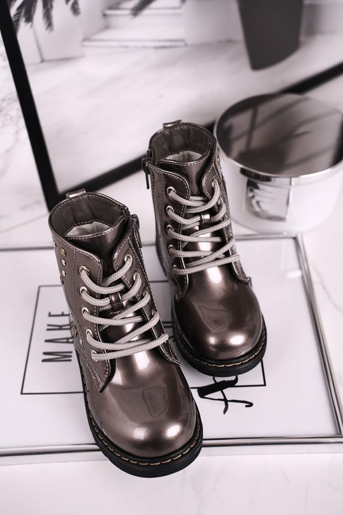 Dziecięce Ocieplane Botki z Dżetami Lakierowane Szare Fame