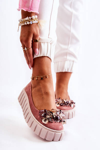 Zamszowe Baleriny Na Platformie Z Ozdobą Różowe Ladette